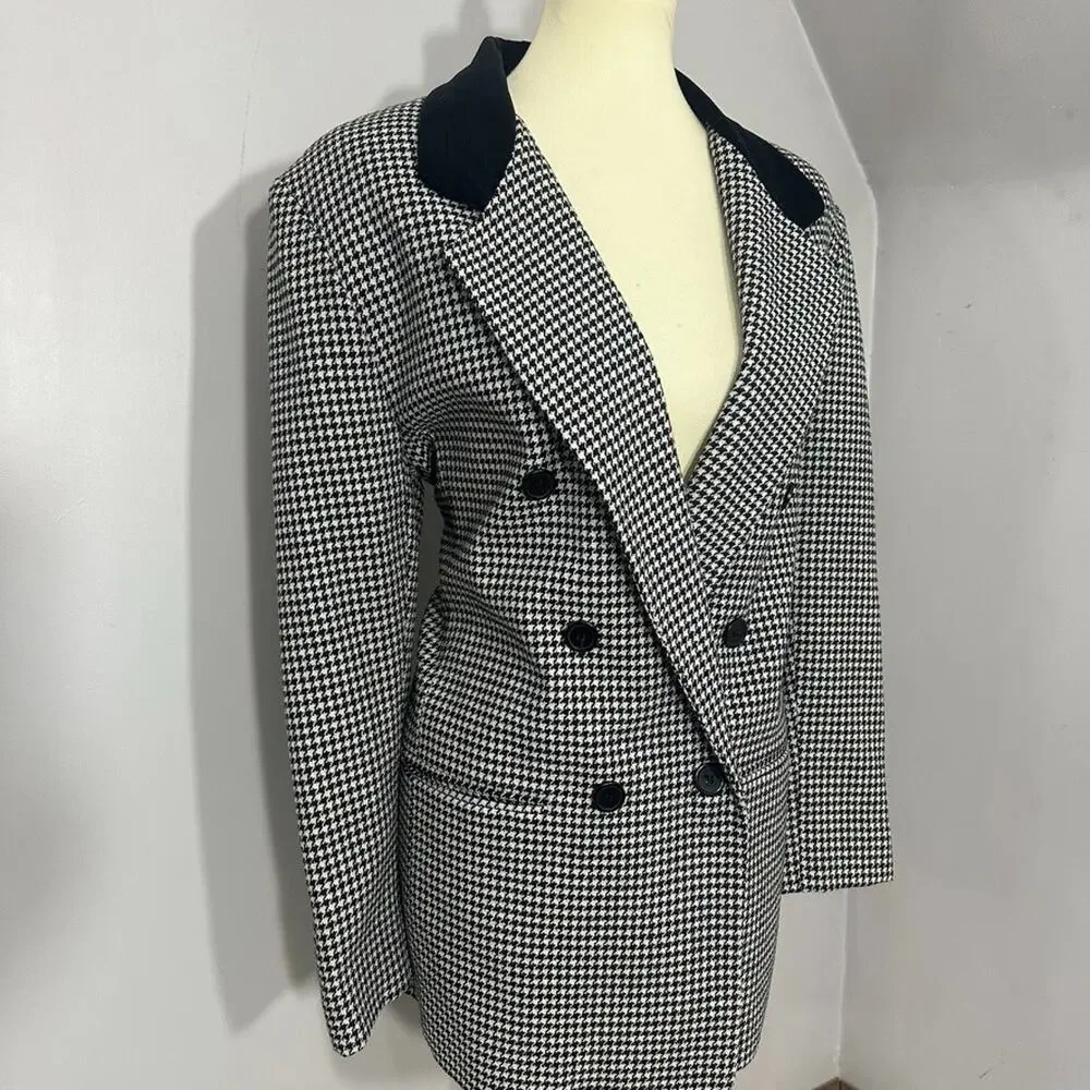 Vintage Womens Houndstooth Double Breasted Blazer Sz L Preppy Old Money Velvet - Picture 7 of 8